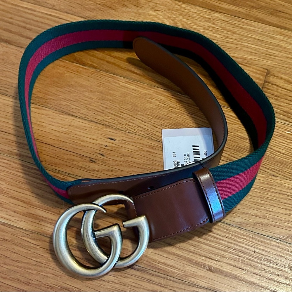 Gucci Green and Red Web Stripe Logo Buckle Belt